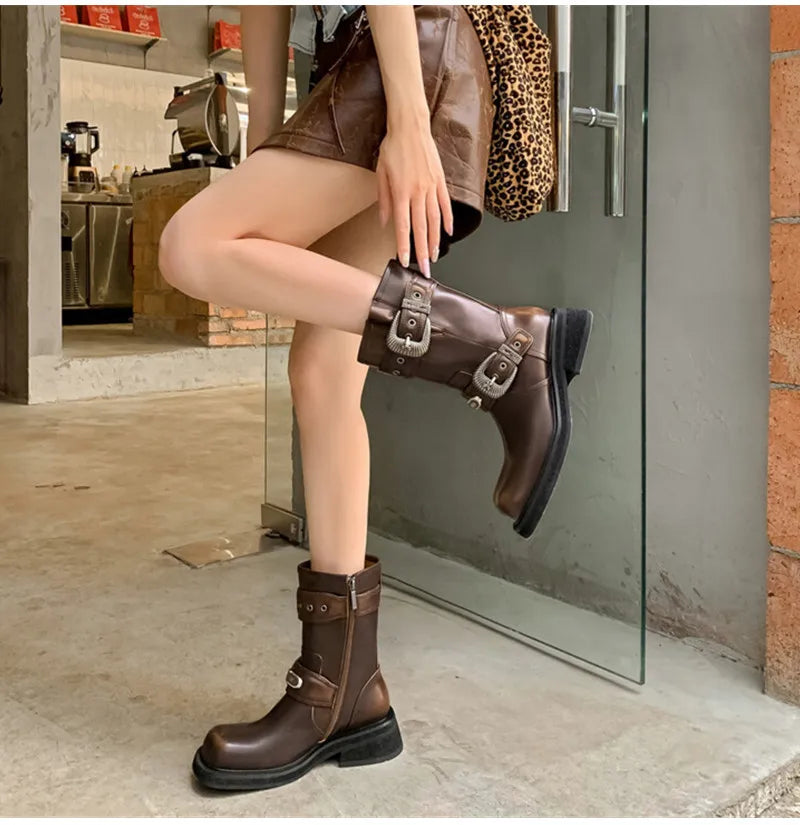 Metal Belt Buckle Motorcycle Boots Rivet Patent Leather Platform Wedge High heels Chunky Boots Shoes